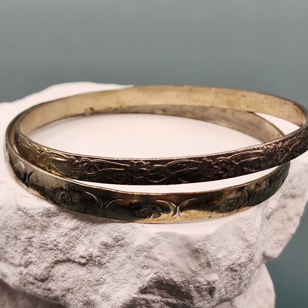 Set of 2 Antiqued Silver Tone Bangle Bracelets Floral Sun Moon Celestial Boho